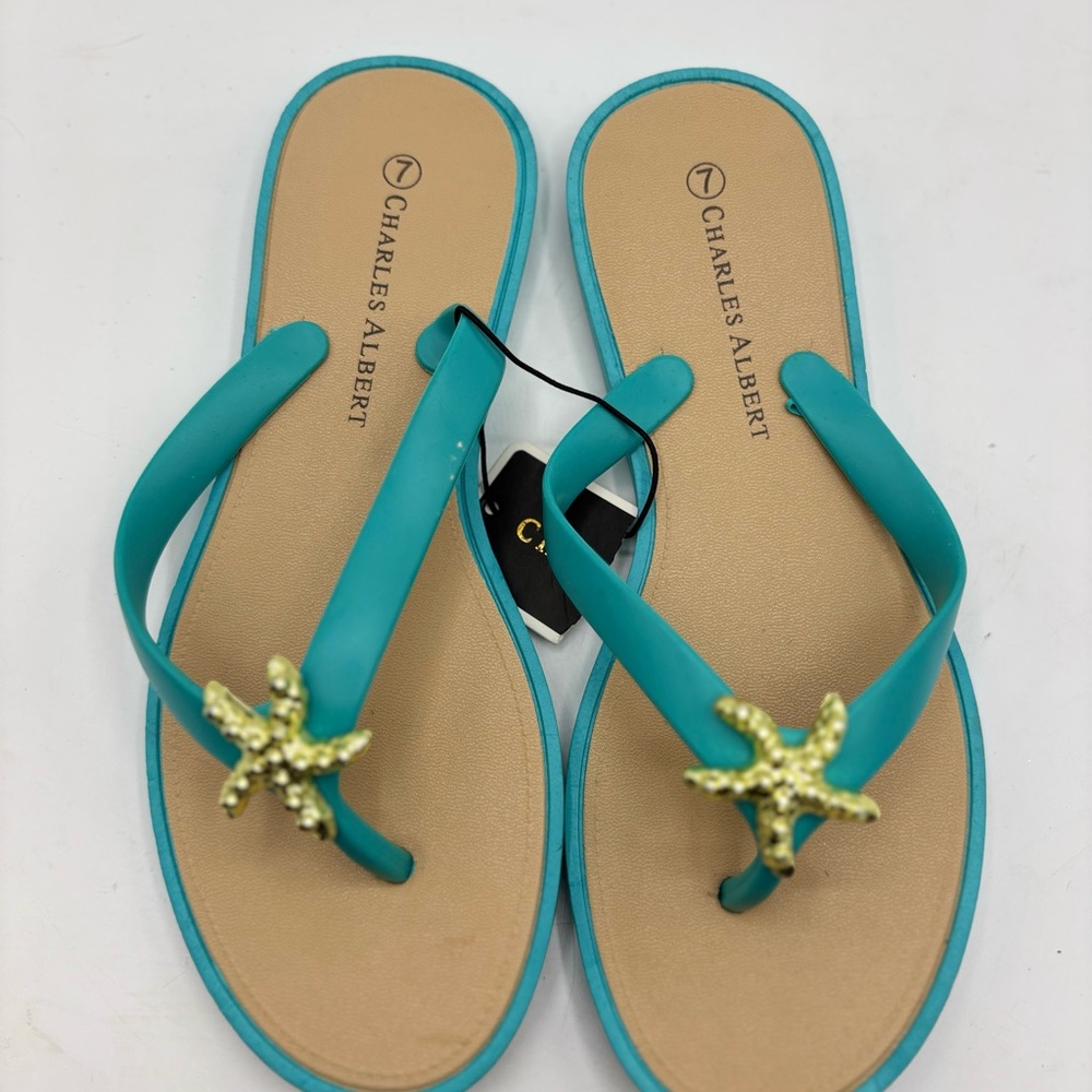 Charles Albert Teal Gold Starfish Sandals Size 7 NWT